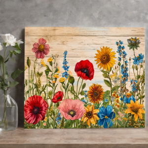 raxxa Canva: Poppies and Wildflowers on Soft Rustic Wood