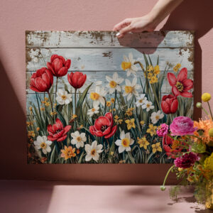raxxa Canva: Red Tulips and Daisies on White Planks