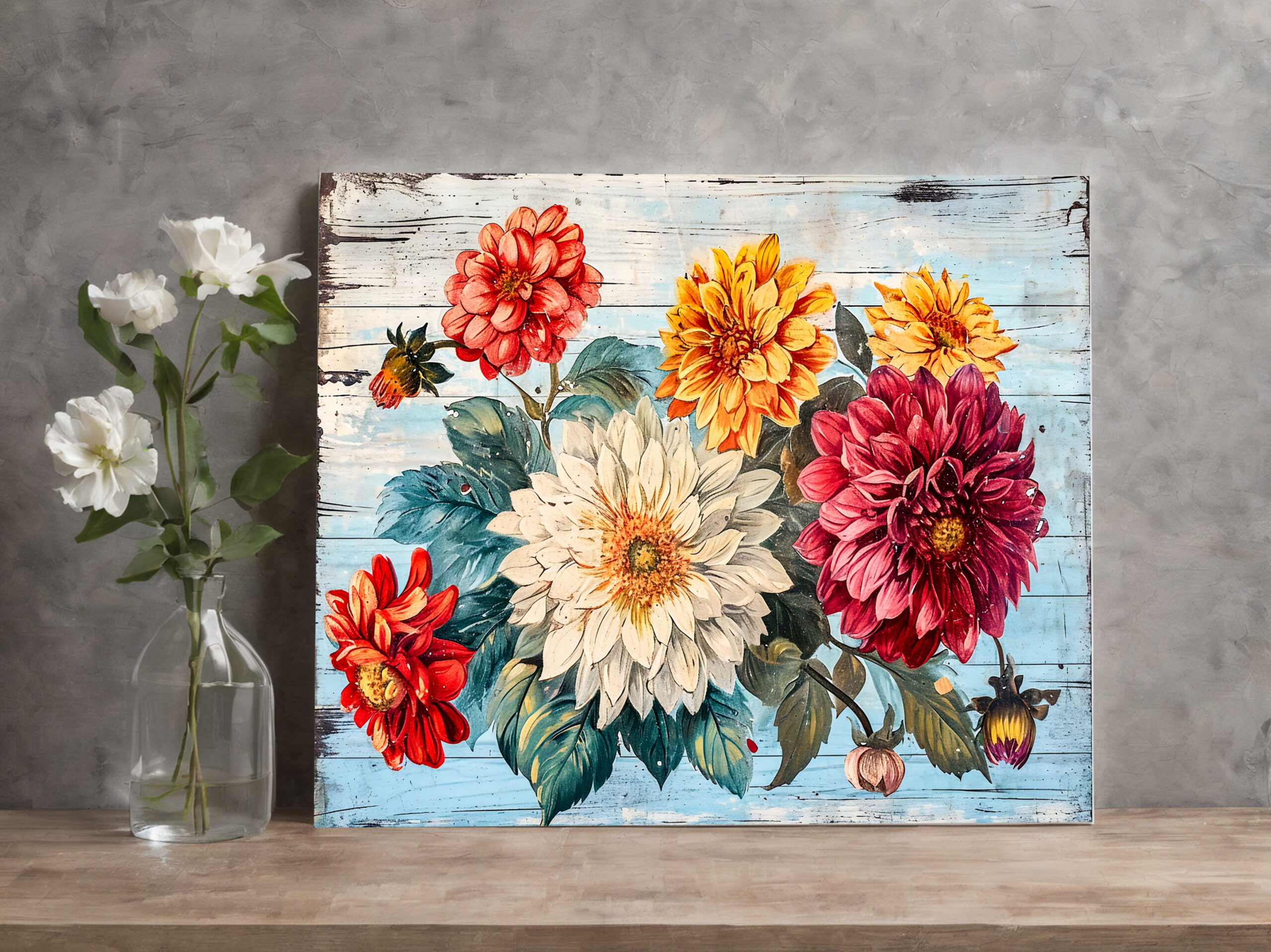 raxxa Canva: Dahlia Garden Mix on Blue Wood