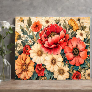 raxxa Canva: Coral Poppies and Zinnias on Rustic Boards