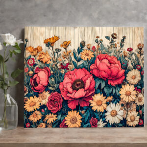 raxxa Canva: Dahlia and Rose Garden Mix on Blue Wood