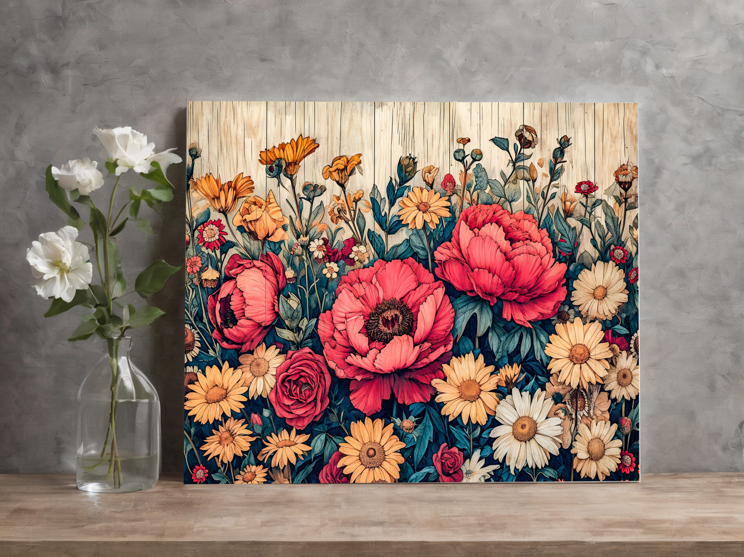 raxxa Canva: Dahlia and Rose Garden Mix on Blue Wood