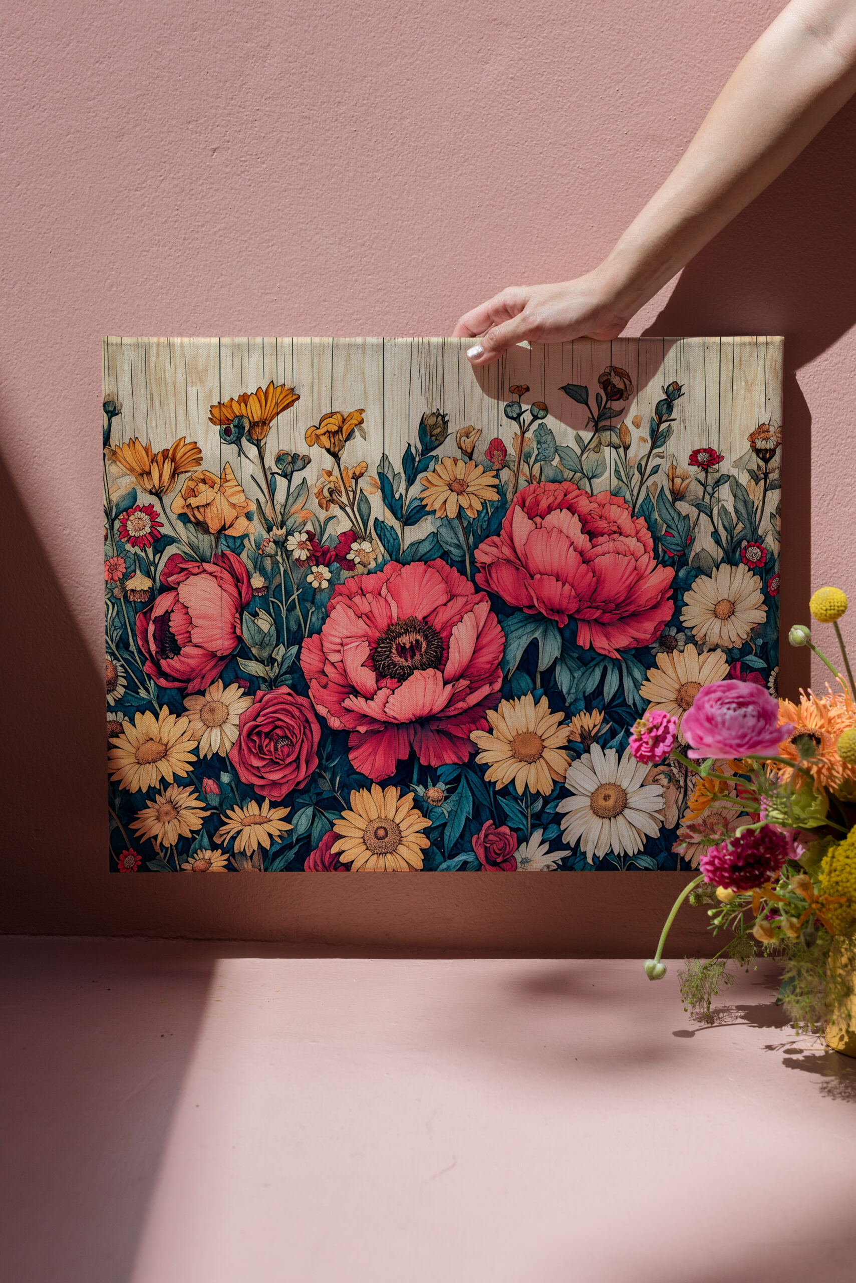 raxxa Canva: Dahlia and Rose Garden Mix on Blue Wood - Imagen 3