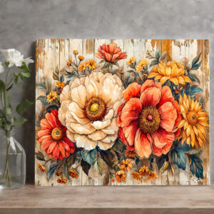 raxxa Canva: Cream Peony and Orange Zinnia on Wood