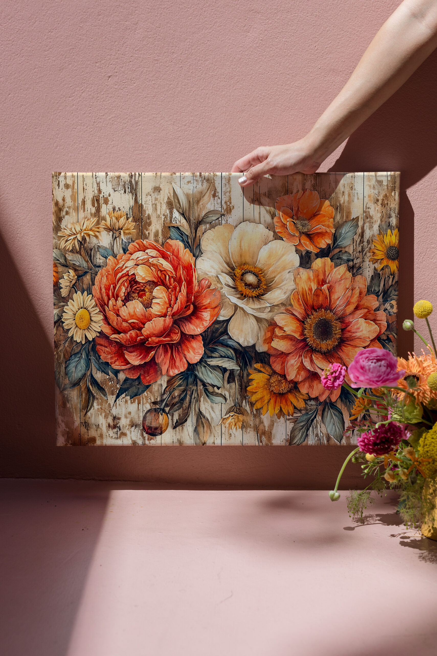 raxxa Canva: Peonies and Marigolds on Dark Rustic Wood – Bild 3