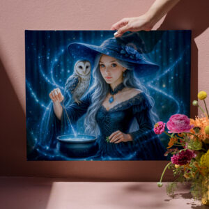 raxxa Canva: Silver haired witch with owl and cauldron