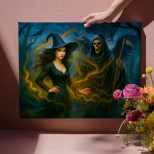 raxxa Canva: Witch in dark forest with the grim reaper