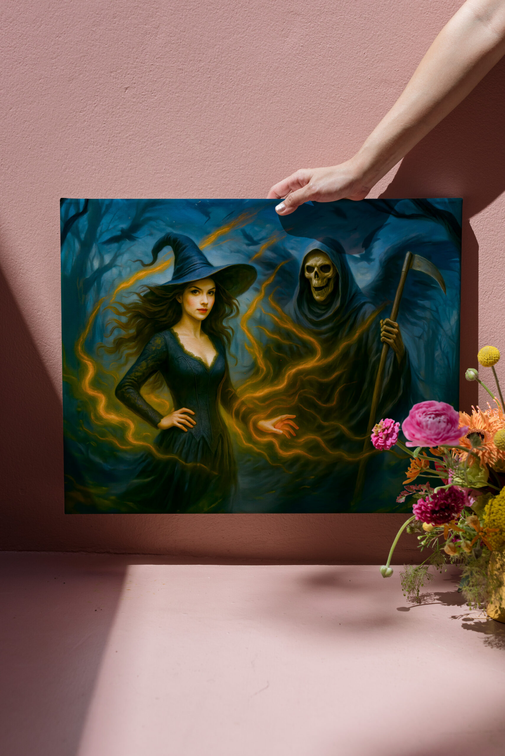 raxxa Canva: Witch in dark forest with the grim reaper