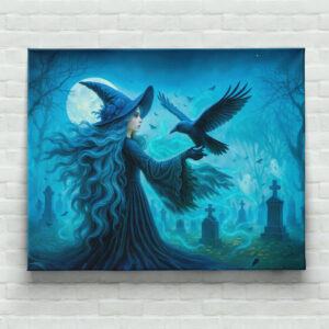 raxxa Canva: Witch with raven in moonlit graveyard
