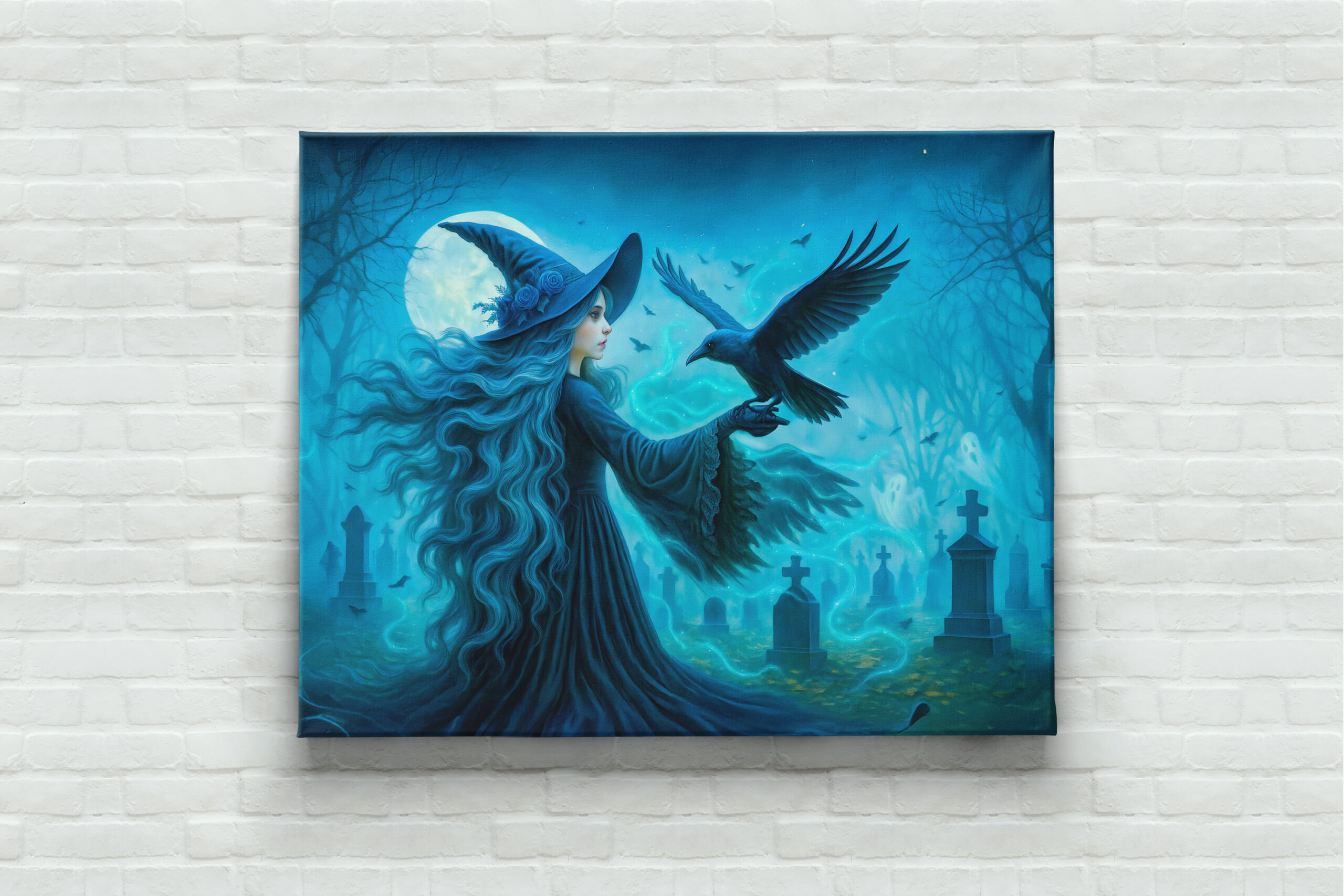 raxxa Canva: Witch with raven in moonlit graveyard