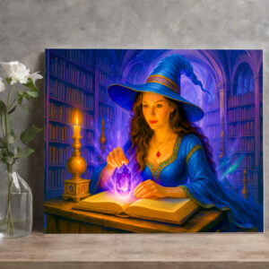 raxxa Canva: Witch reading spellbook with glowing crystal