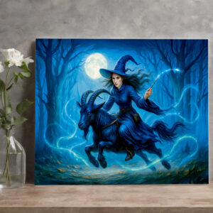 raxxa Canva: Witch riding a goat through moonlit forest