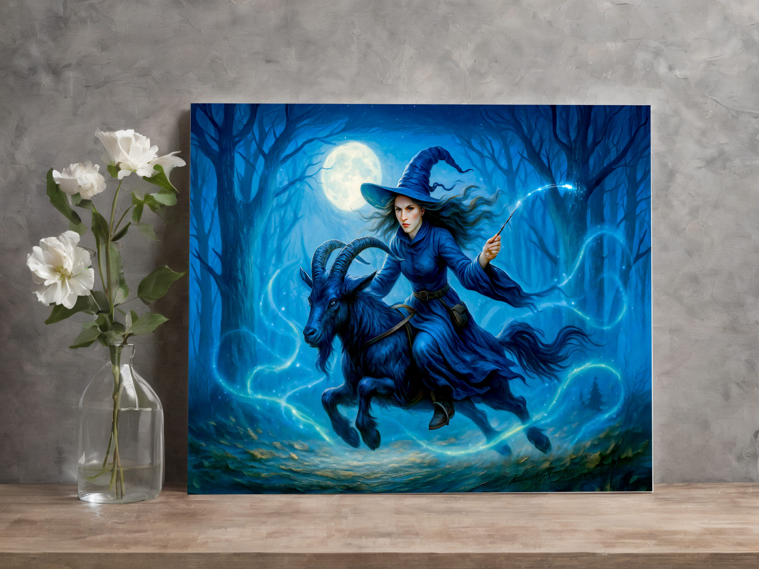 raxxa Canva: Witch riding a goat through moonlit forest