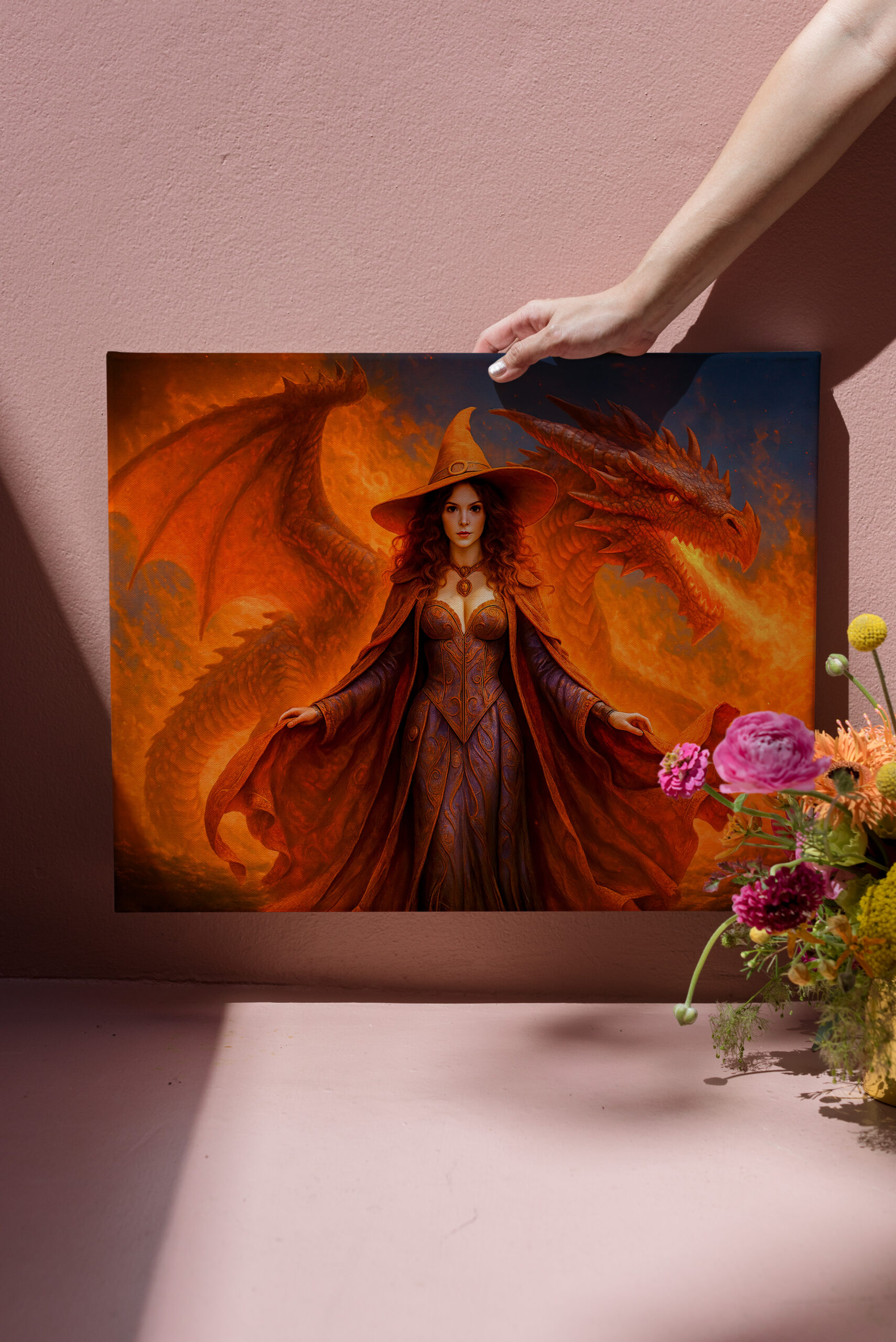 raxxa Canva: Witch with red dragon and blazing fire
