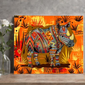 raxxa Canva: A single African rhino with bold tribal patterns, standing in a stylized savanna scene painted in African folk art style