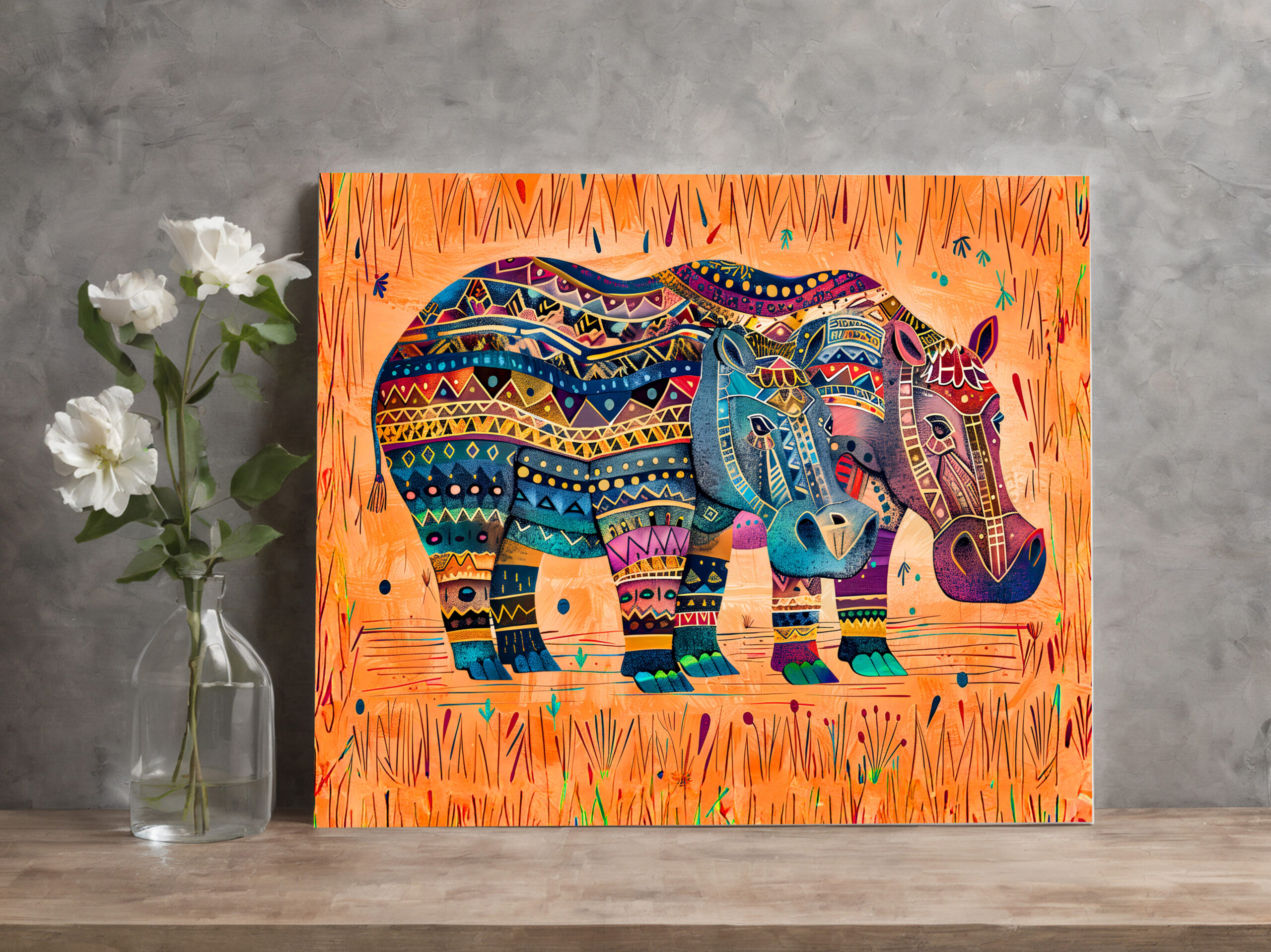 raxxa Canva: African hippos with tribal pattern painting - immagine 2