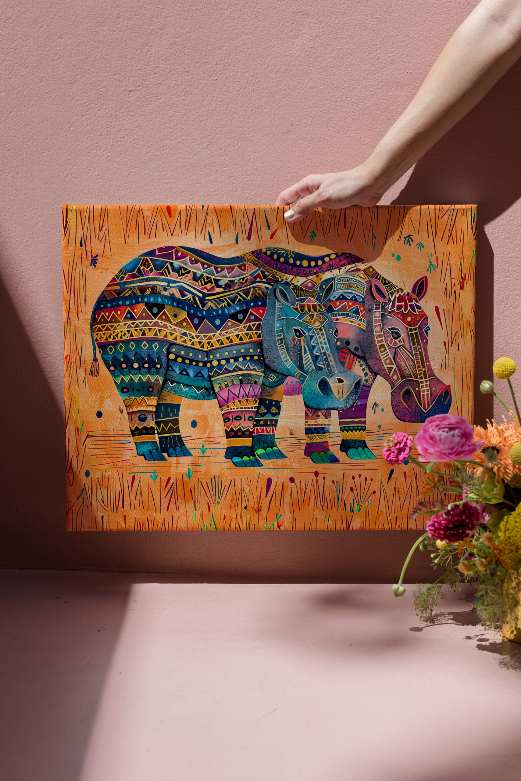 raxxa Canva: African hippos with tribal pattern painting
