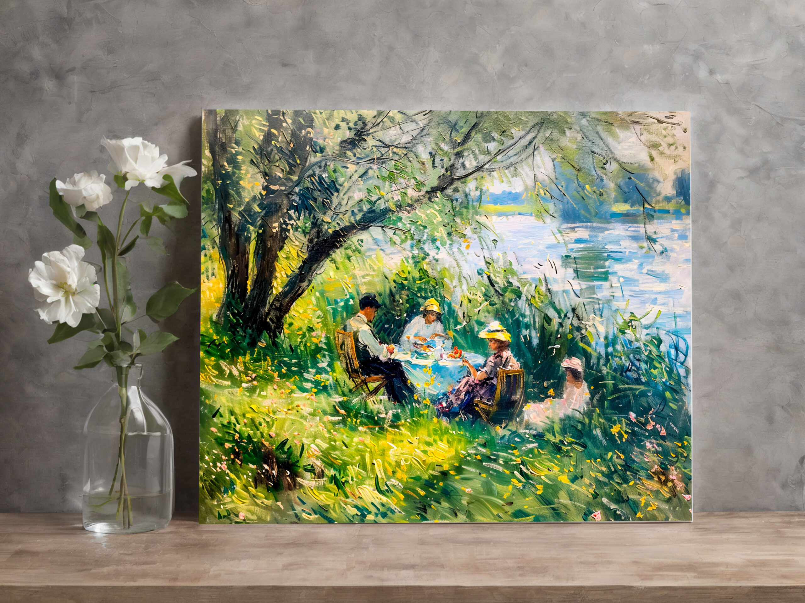 raxxa Canva: family enjoying a picnic in a lush meadow on river