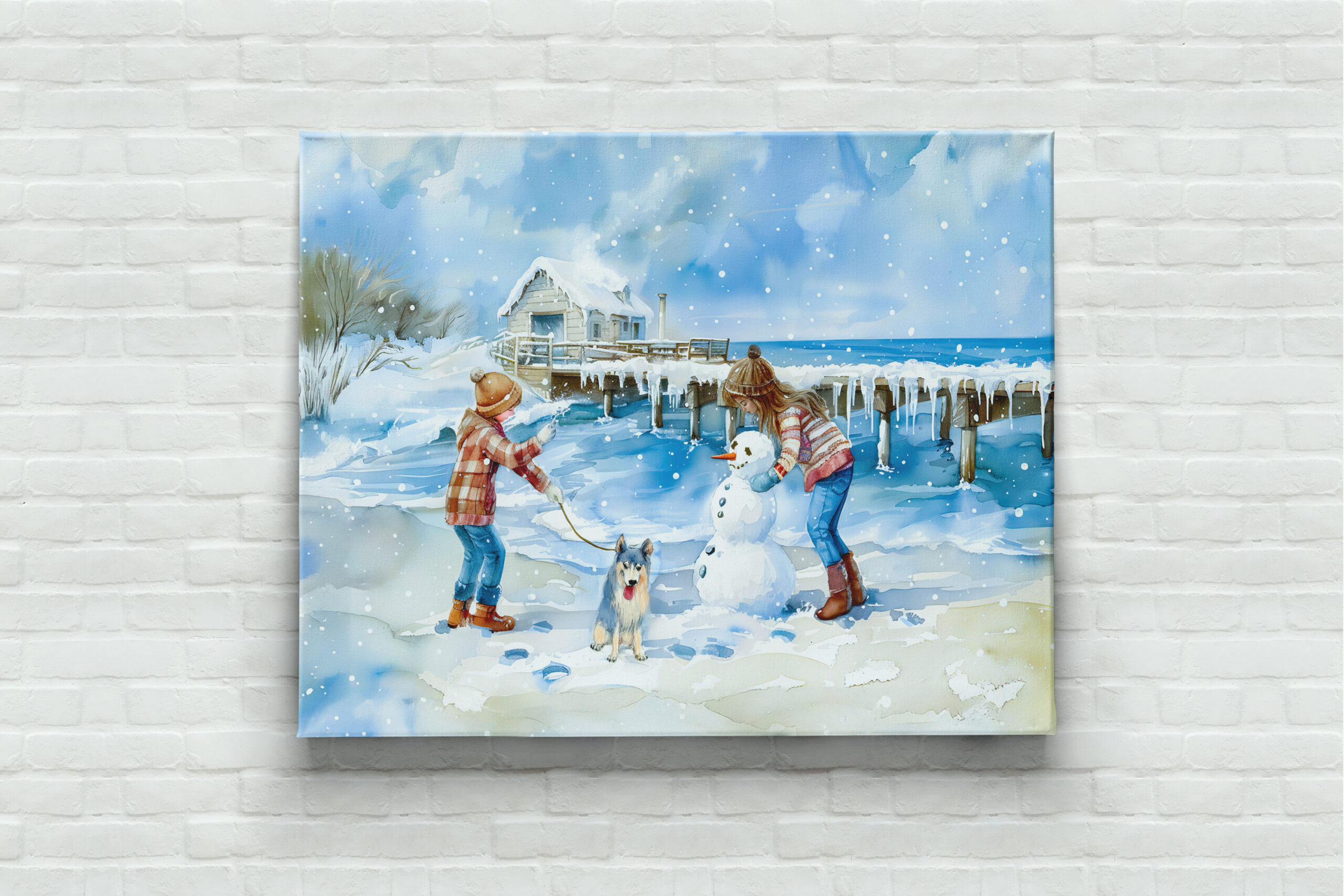 raxxa Canva: Boy girl and dog playing on winter beach watercolor – Image 2