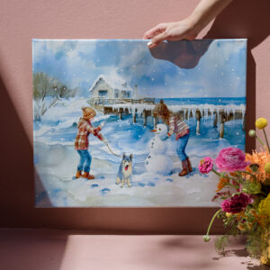 raxxa Canva: Boy girl and dog playing on winter beach watercolor