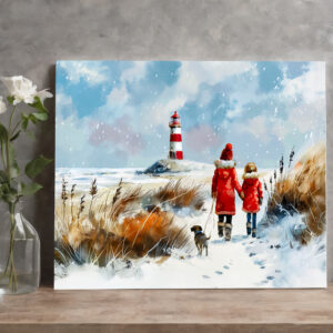 raxxa Canva: Winter Beach Walk with Dog to Lighthouse