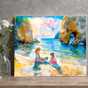raxxa Canva: Girls playing by seaside rock arch watercolor