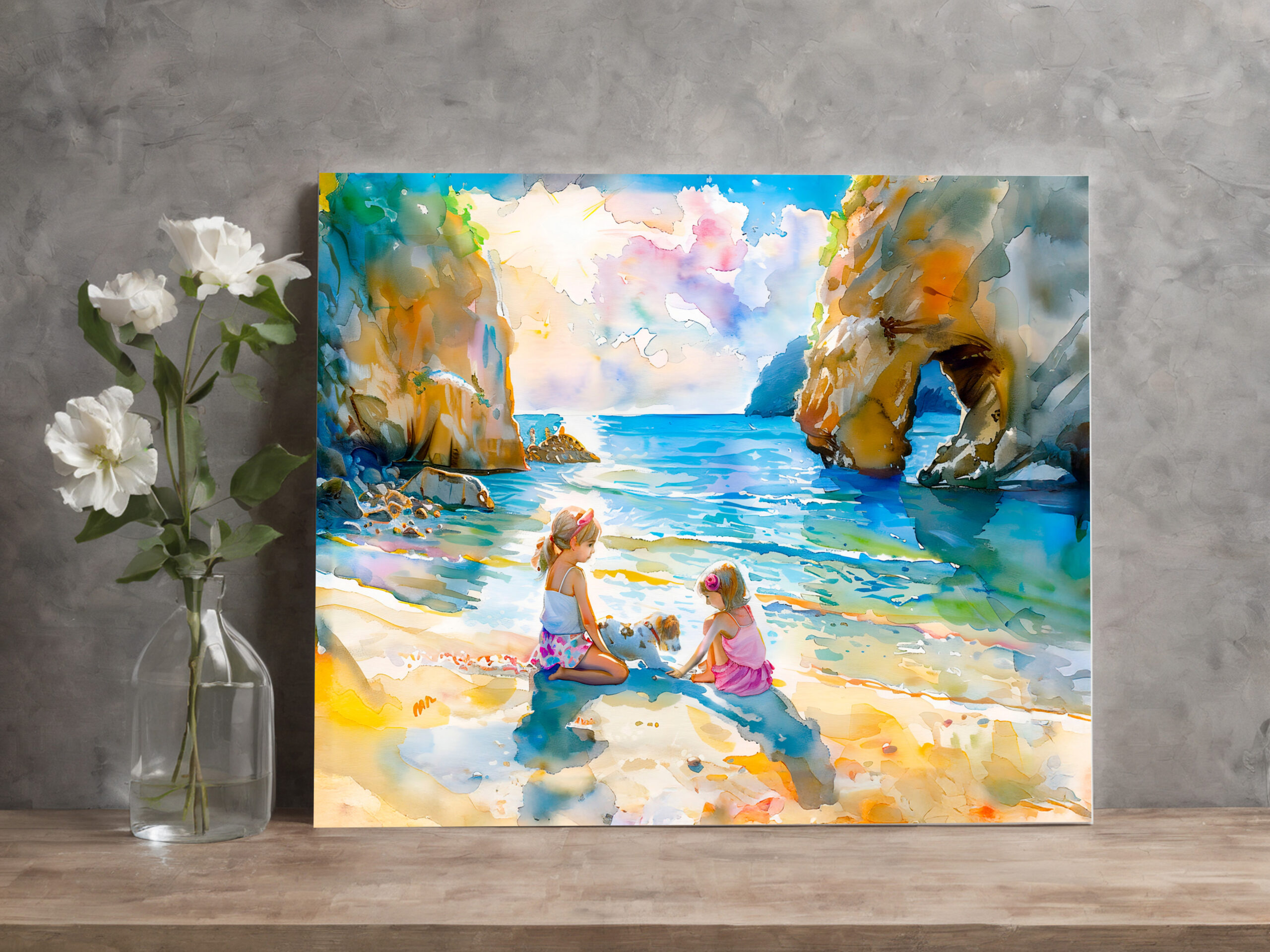 raxxa Canva: Girls playing by seaside rock arch watercolor