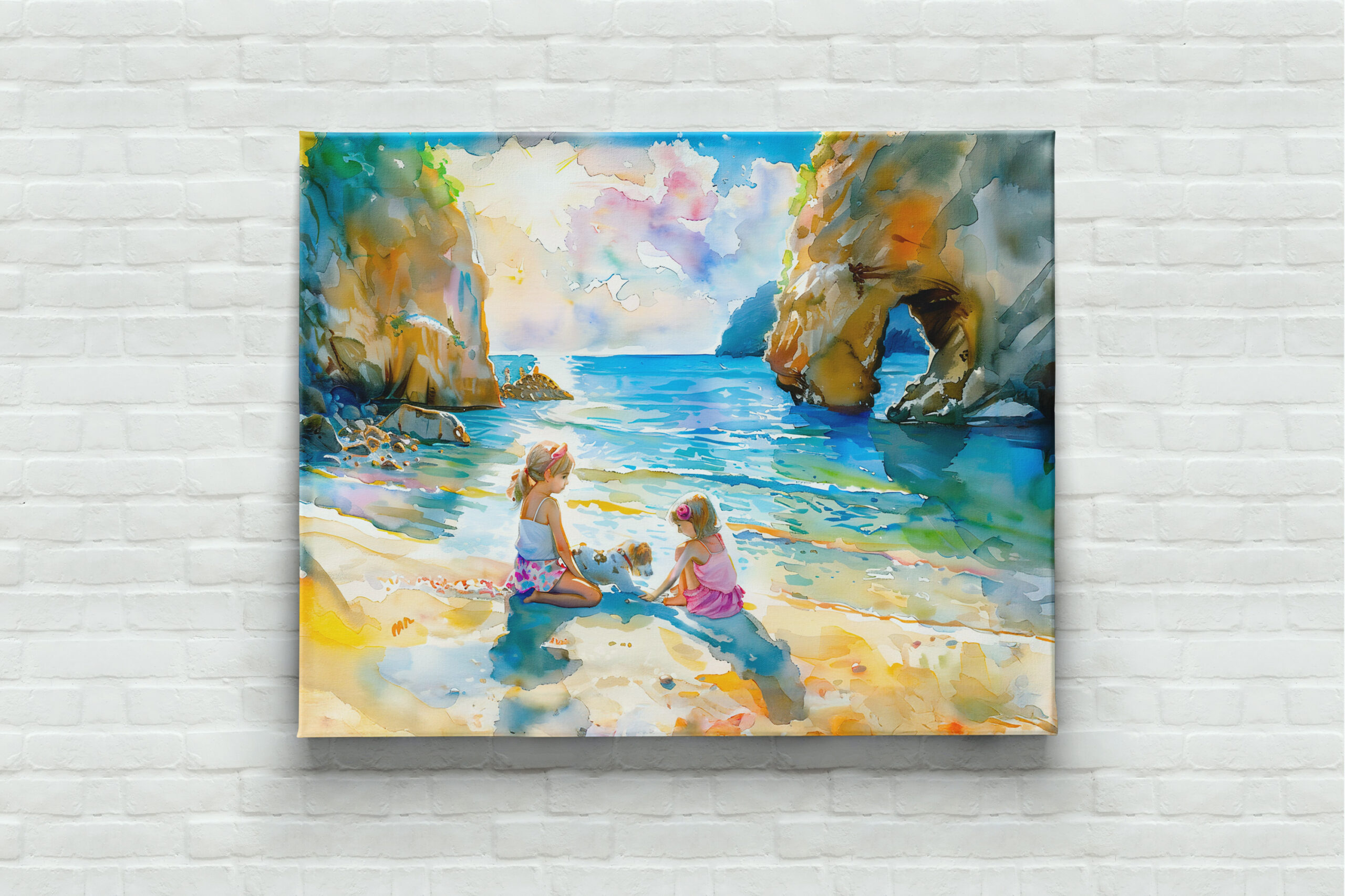 raxxa Canva: Girls playing by seaside rock arch watercolor - Imagen 2