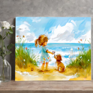 raxxa Canva: Girl with dog playing at beach watercolor