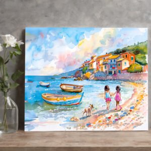 raxxa Canva: Children with dog at Mediterranean beach watercolor