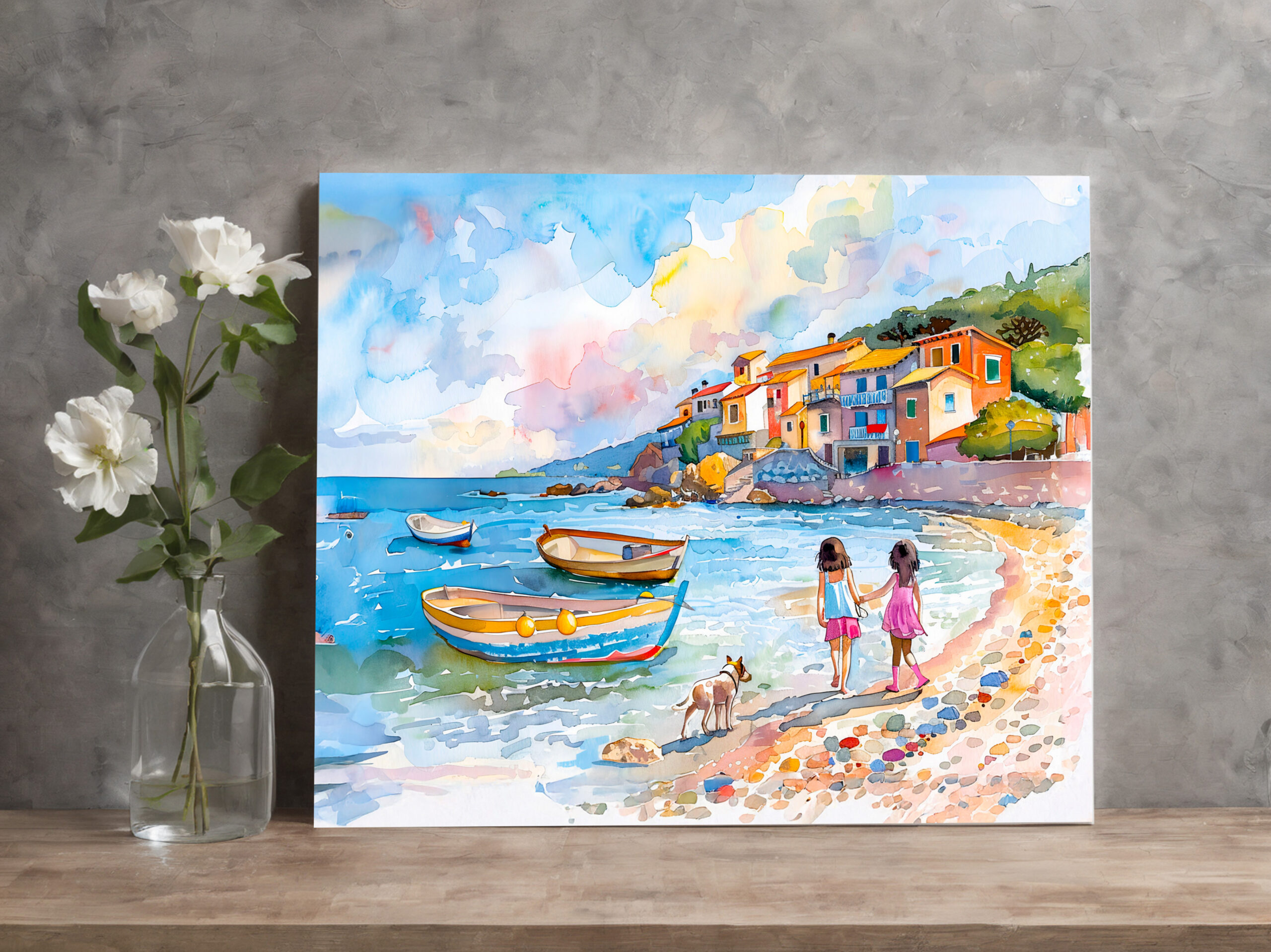 raxxa Canva: Children with dog at Mediterranean beach watercolor