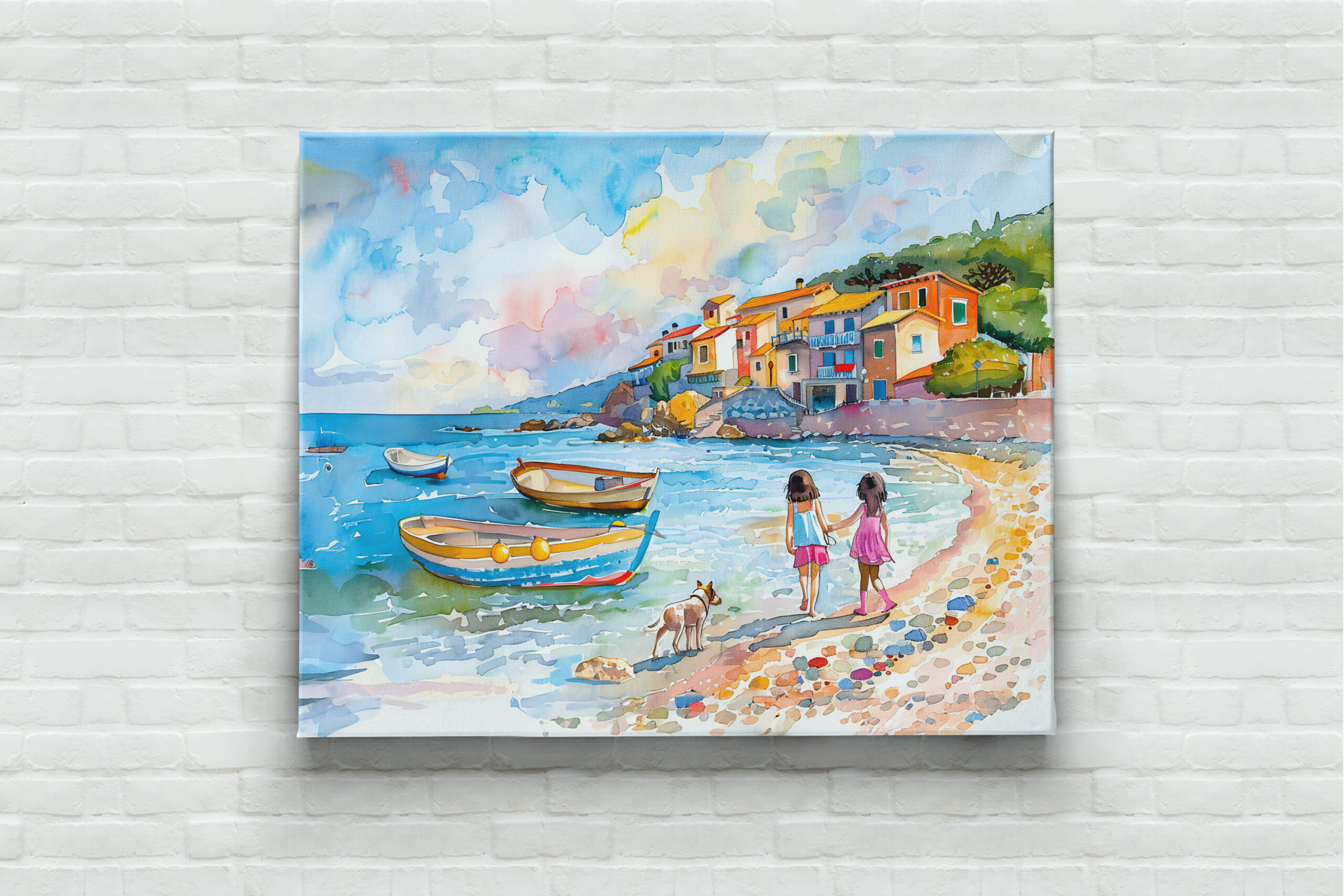 raxxa Canva: Children with dog at Mediterranean beach watercolor - Imagen 2