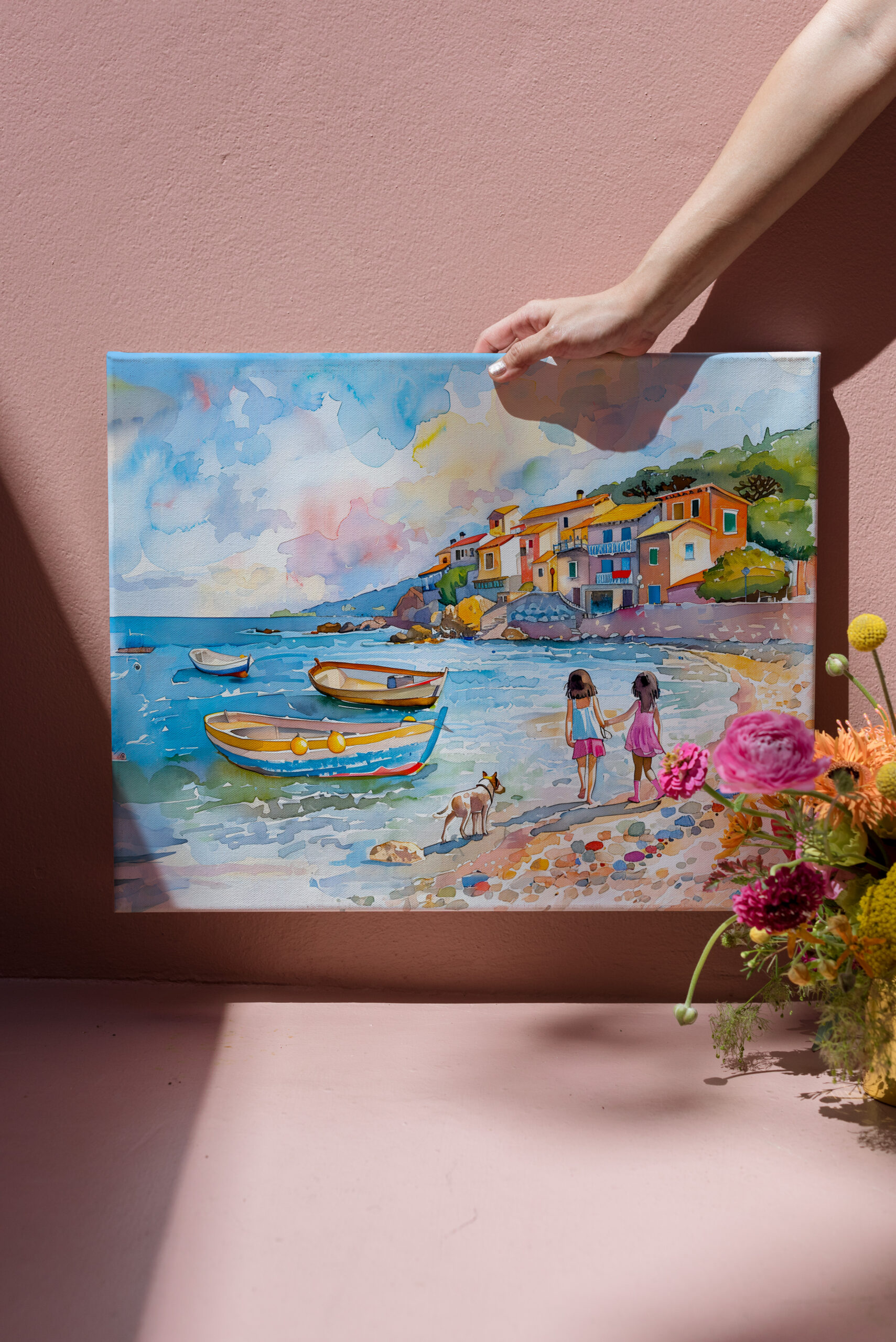 raxxa Canva: Children with dog at Mediterranean beach watercolor - Imagen 3