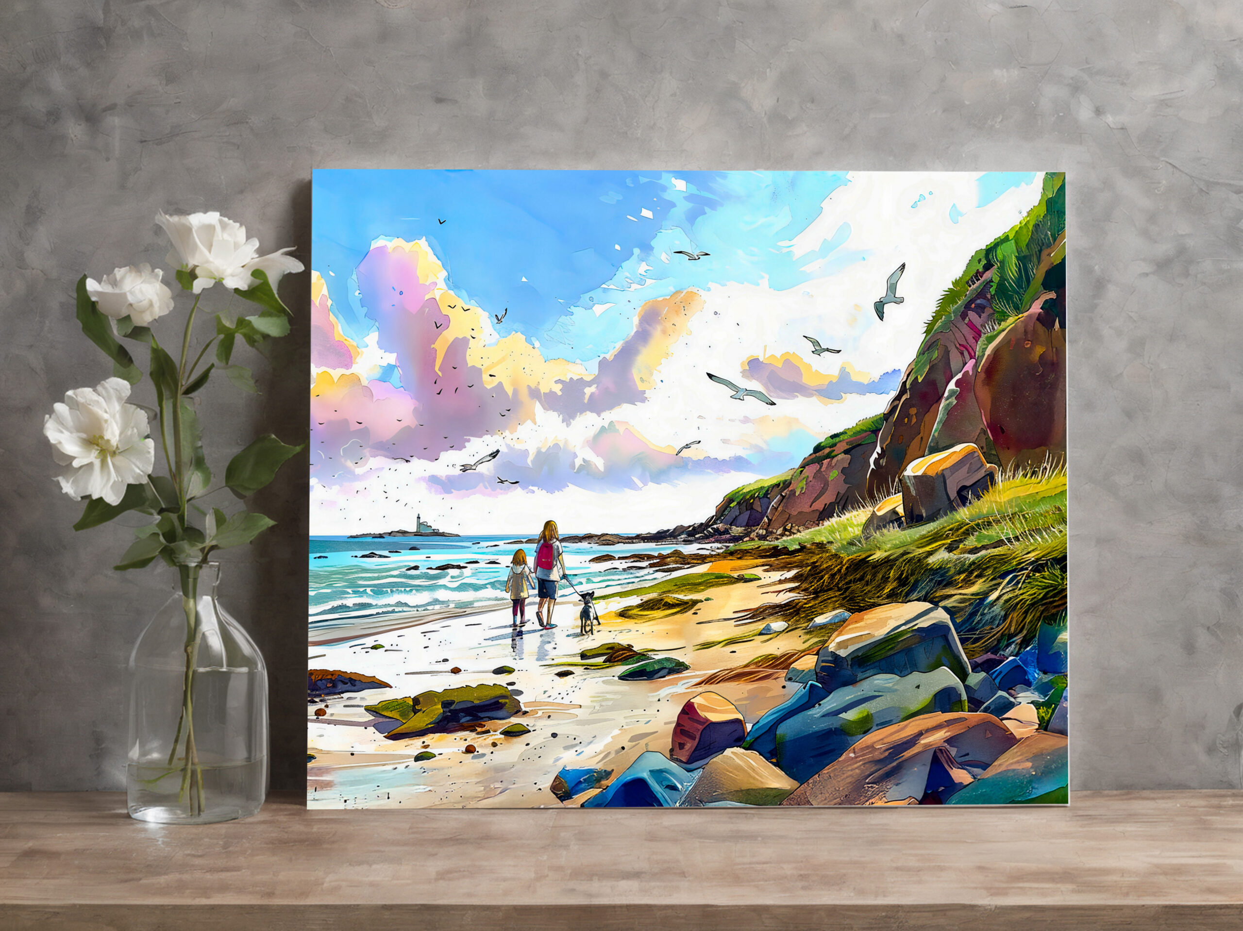 raxxa Canva: Mother and child walking dog on beach watercolor - Image 2