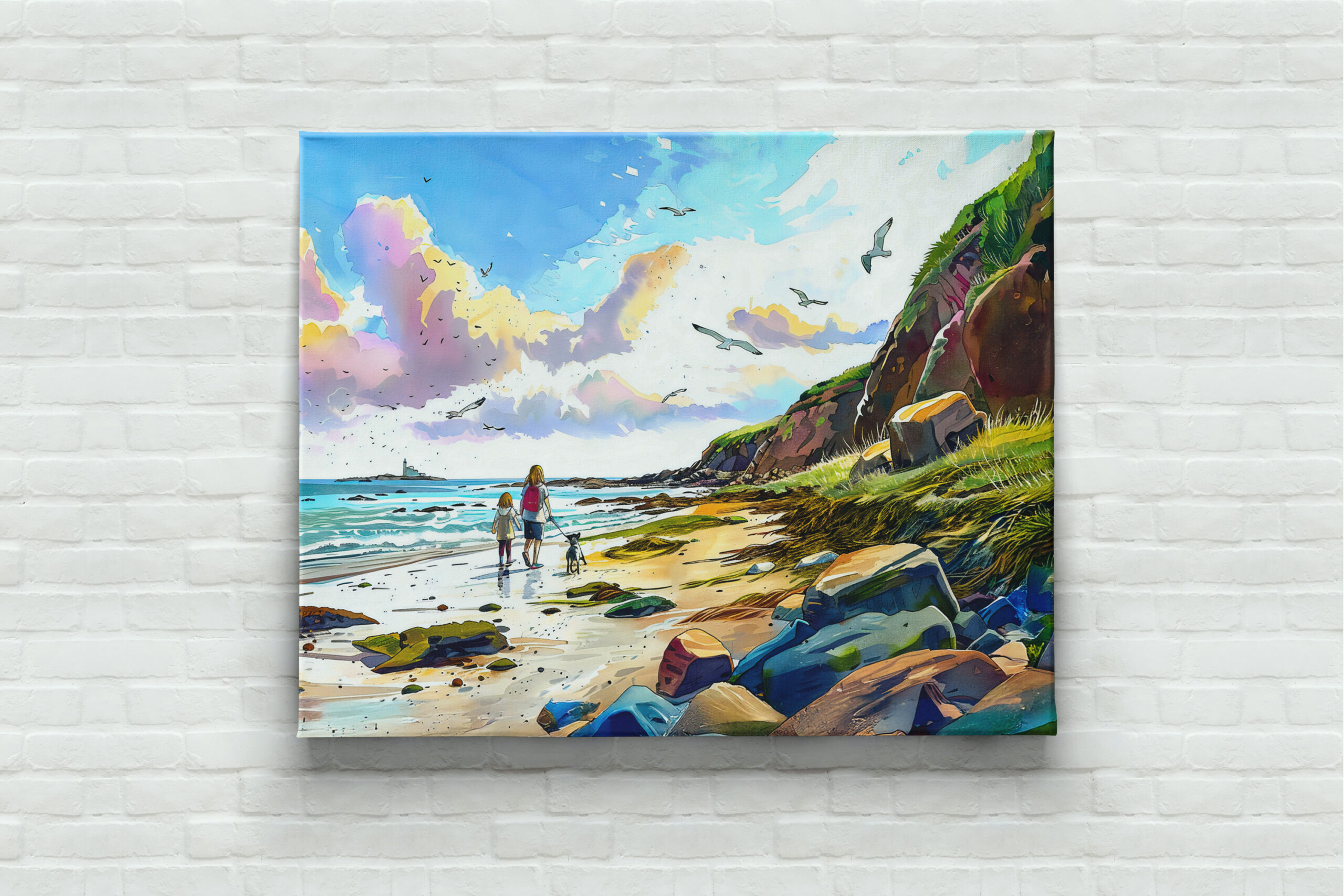 raxxa Canva: Mother and child walking dog on beach watercolor - Image 3