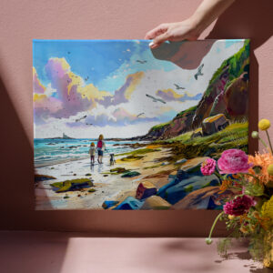 raxxa Canva: Mother and child walking dog on beach watercolor