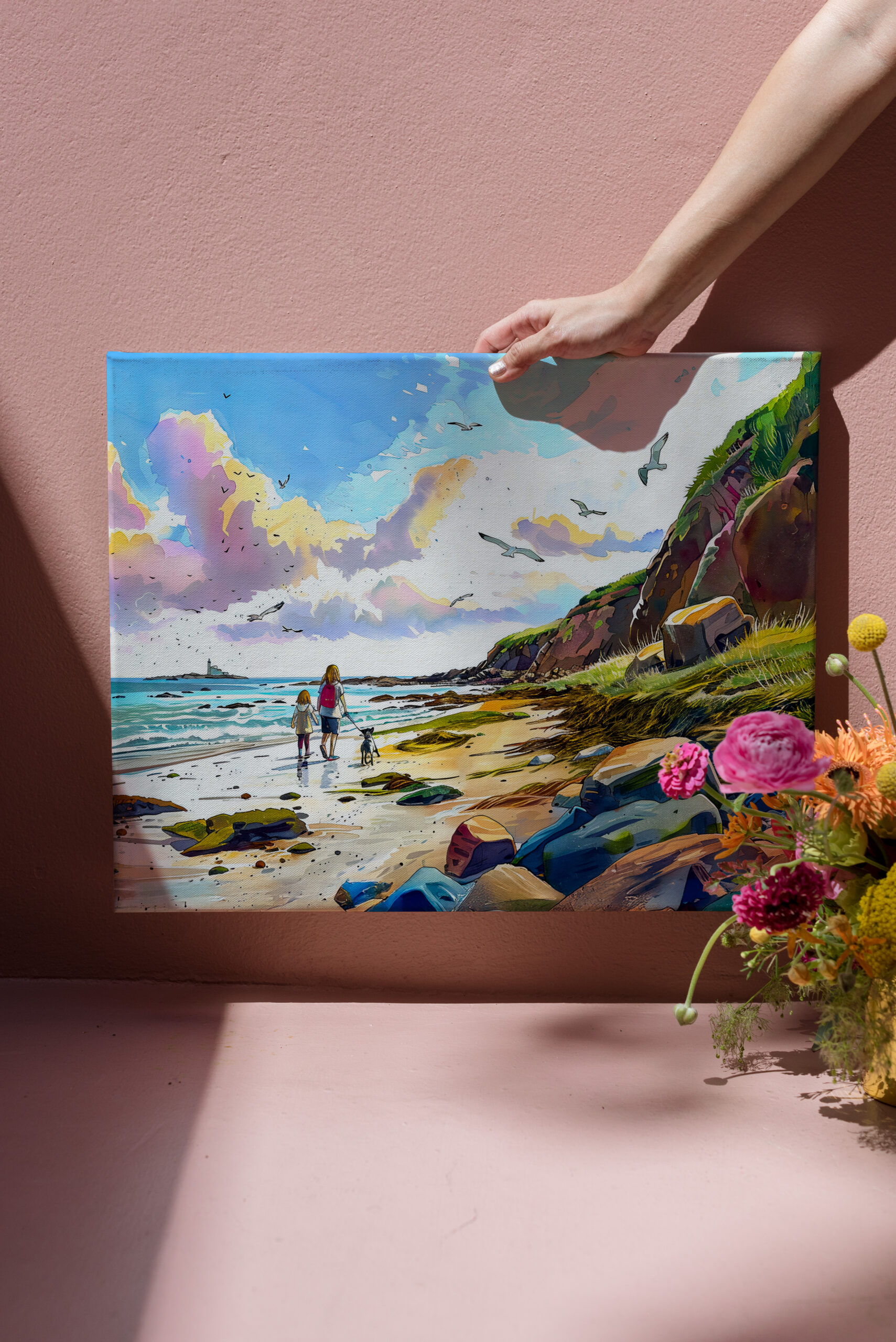 raxxa Canva: Mother and child walking dog on beach watercolor