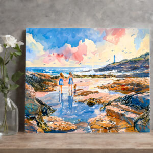 raxxa Canva: Girls and Dog by Lighthouse Shore watercolor painting