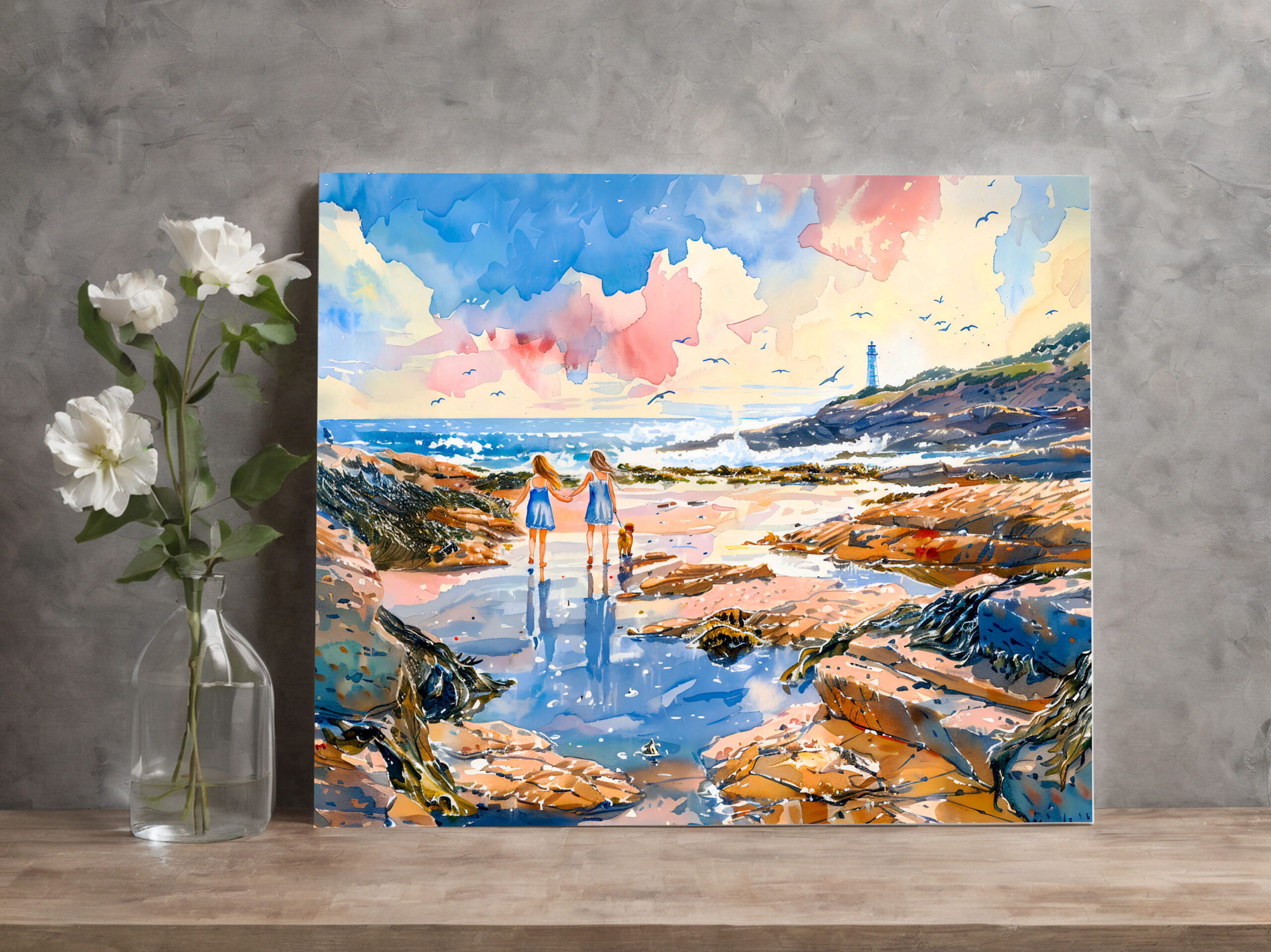 raxxa Canva: Girls and Dog by Lighthouse Shore watercolor painting