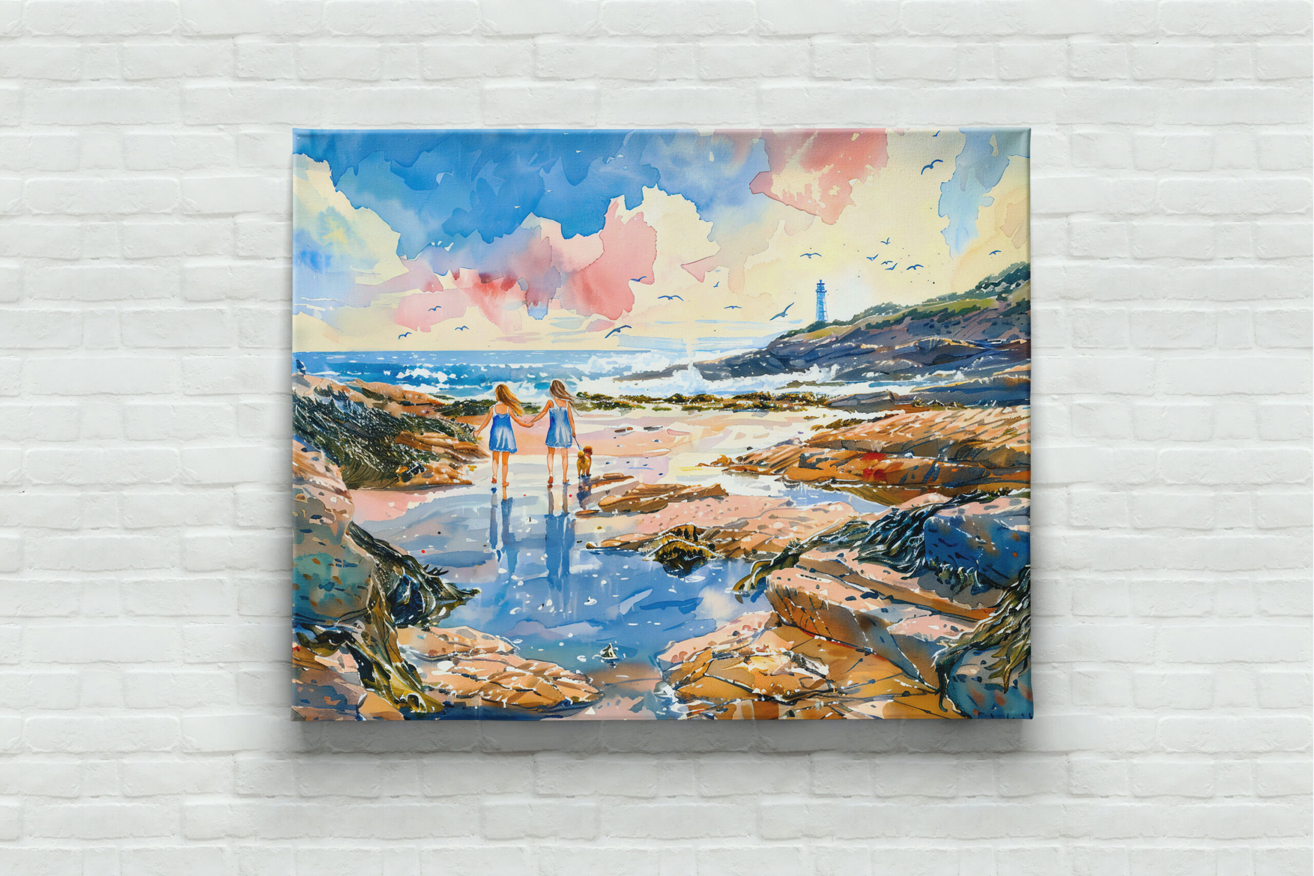 raxxa Canva: Girls and Dog by Lighthouse Shore watercolor painting - immagine 3
