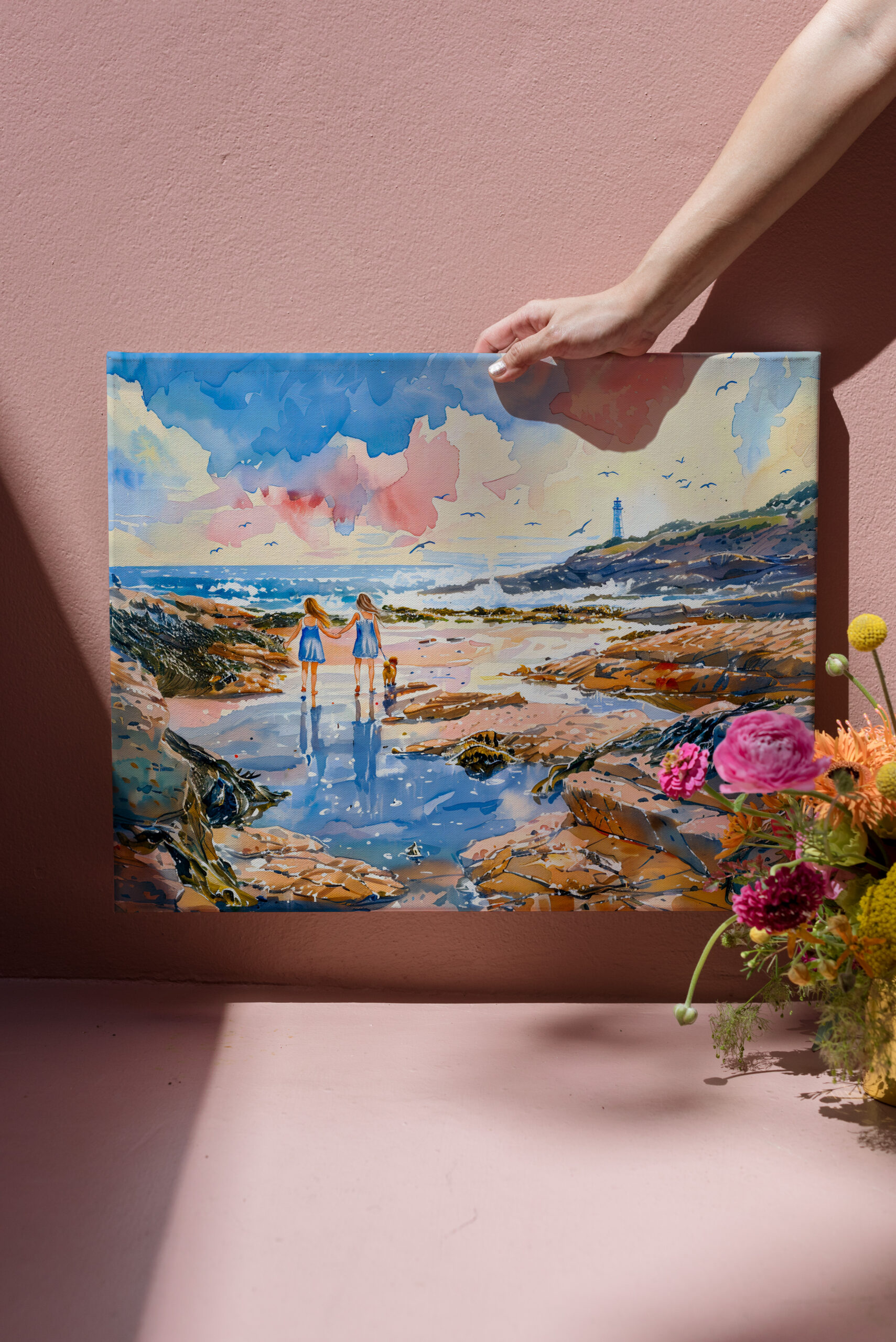 raxxa Canva: Girls and Dog by Lighthouse Shore watercolor painting - immagine 2