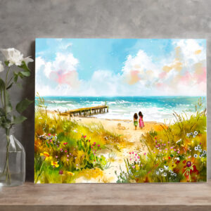 raxxa Canva: Wildflower meadow near beach with children watercolor