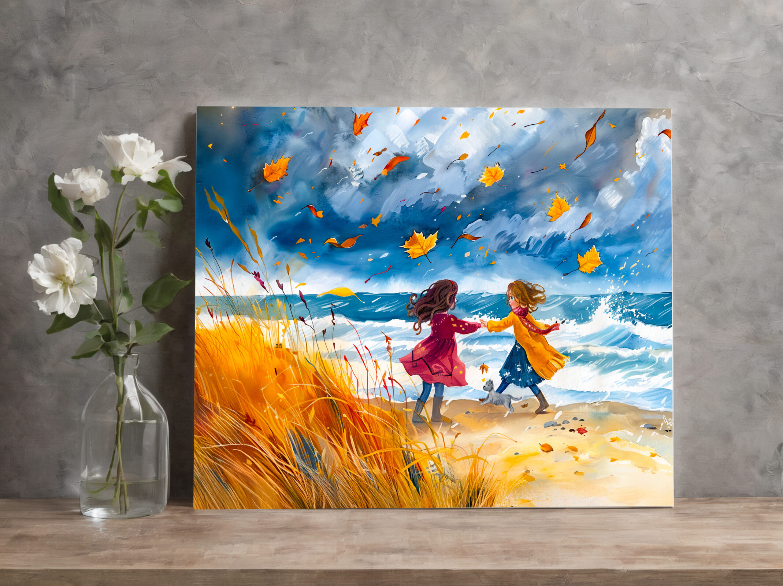 raxxa Canva: Autumn Stormy Beach Fun with Dog watercolor painting – Image 2