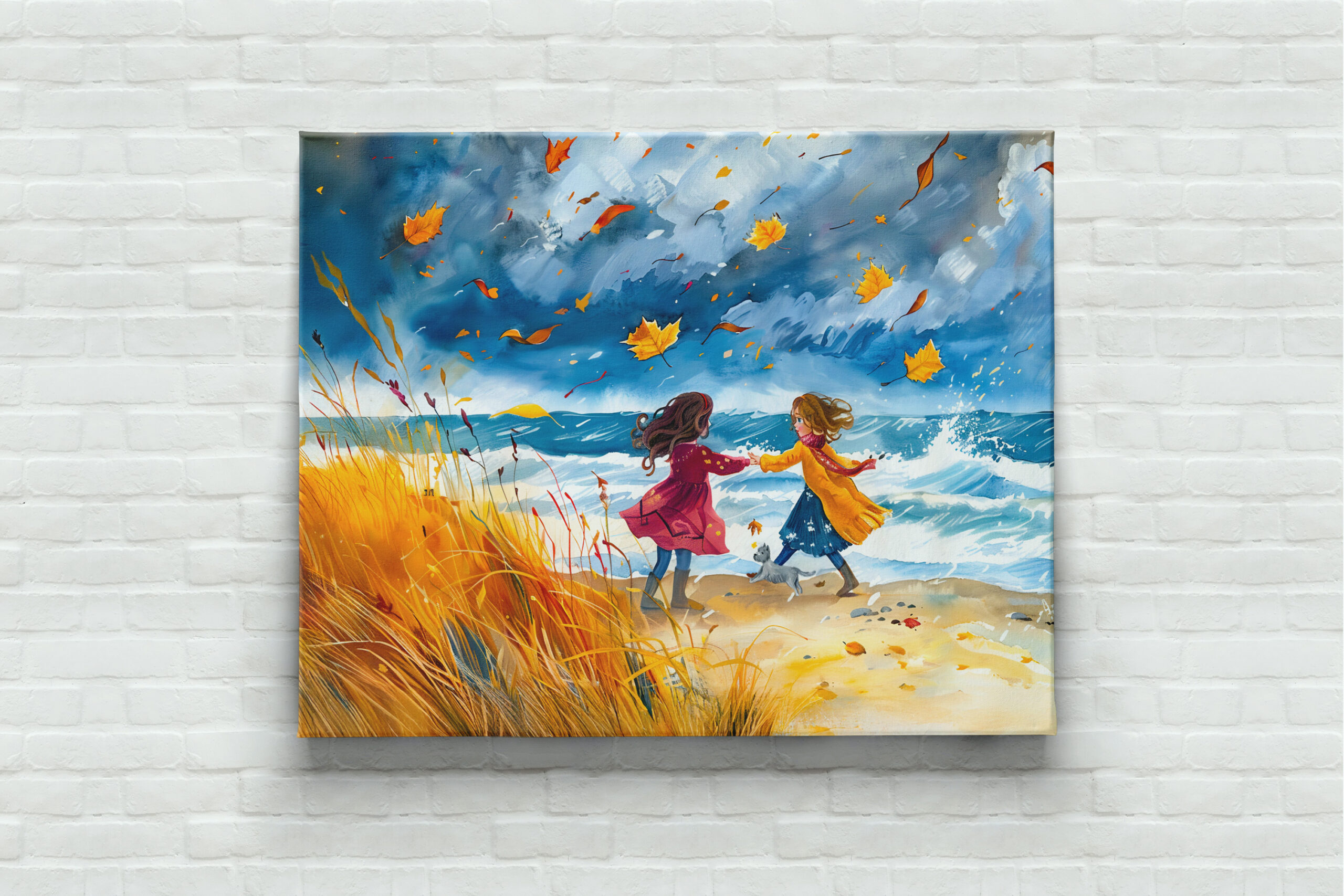 raxxa Canva: Autumn Stormy Beach Fun with Dog watercolor painting