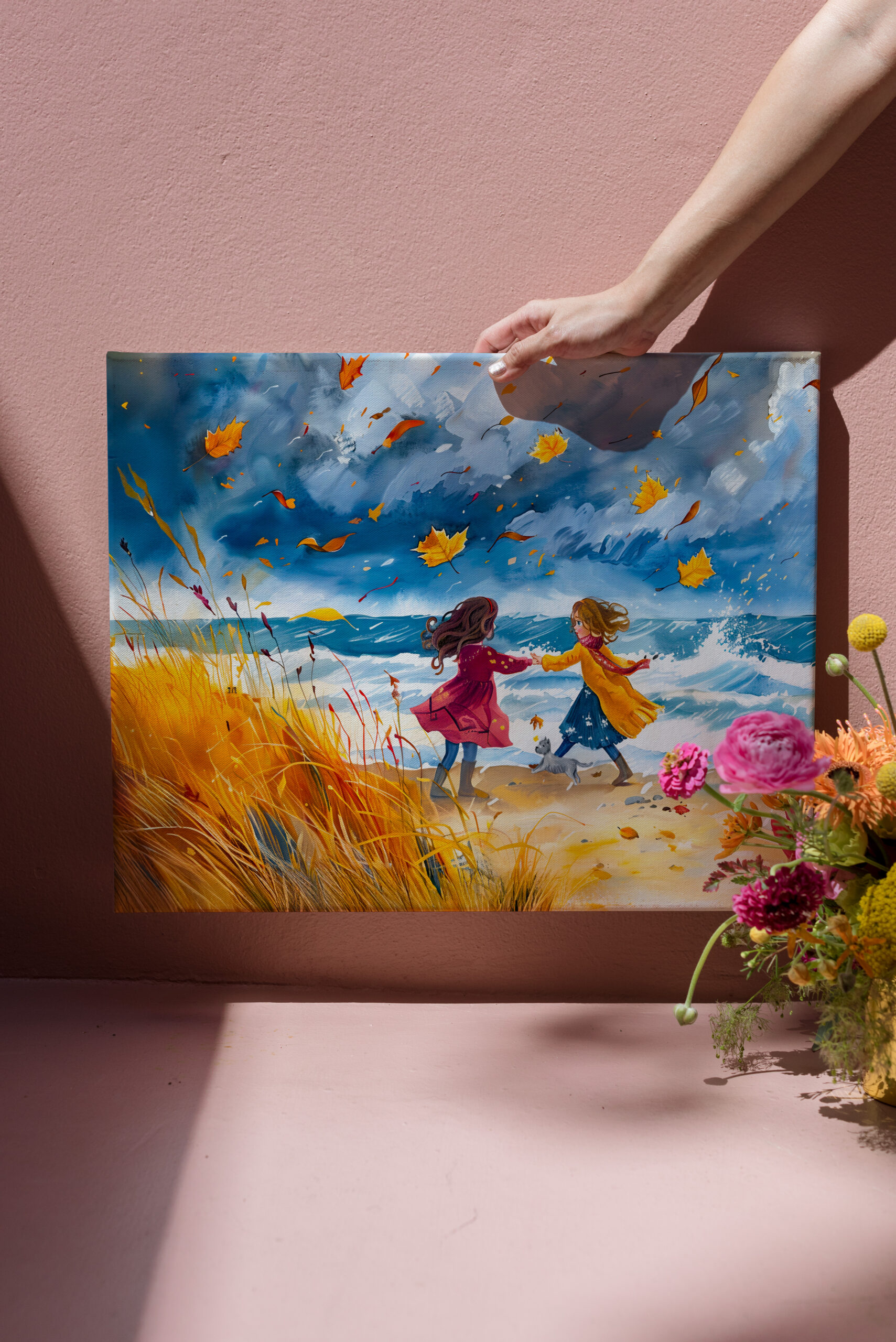 raxxa Canva: Autumn Stormy Beach Fun with Dog watercolor painting – Image 3