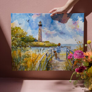 raxxa Canva: Lighthouse trail with child and dog watercolor