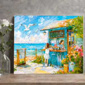 raxxa Canva: Girl buying sandwitch and water bottle at beach snacks watercolor