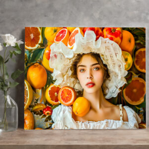 raxxa Canva: Woman with grape fruits and white summer hat portrait