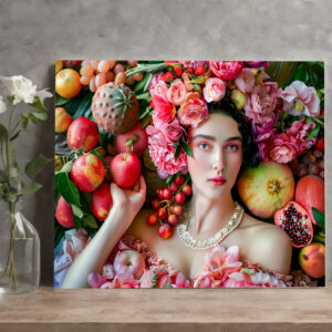 raxxa Canva: Woman in floral dress with fruit display