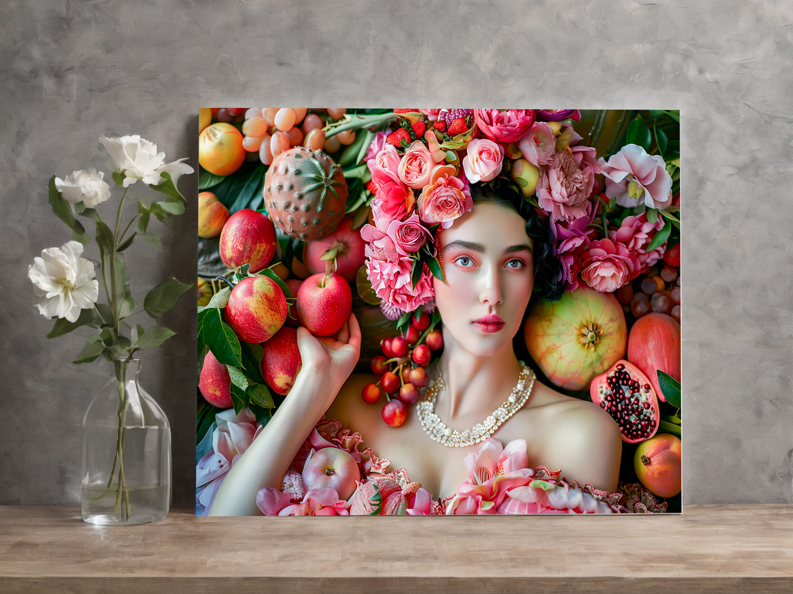 raxxa Canva: Woman in floral dress with fruit display